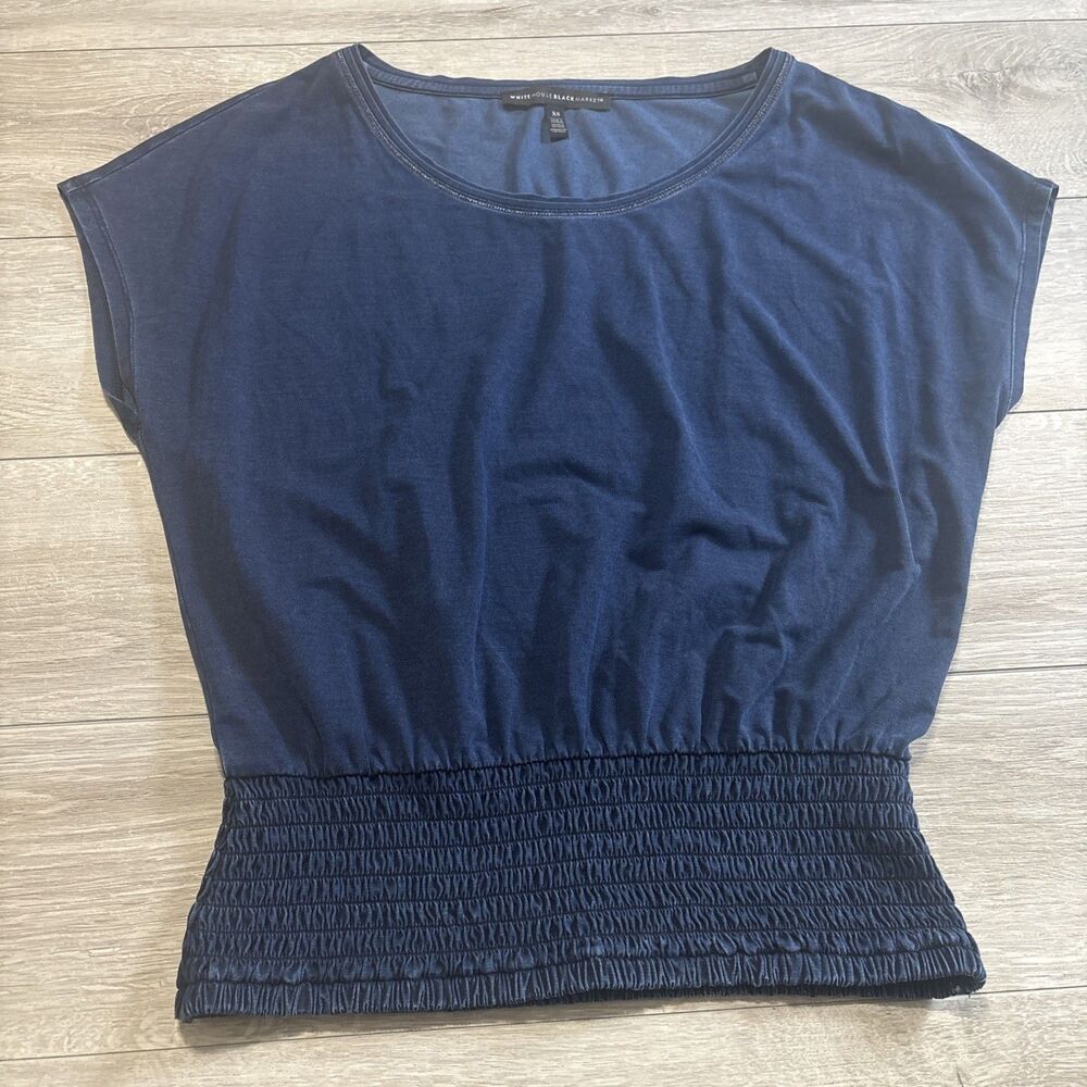 White House Black Market Denim Rinse Ruched Elastic Bottom Blouse Women's XS